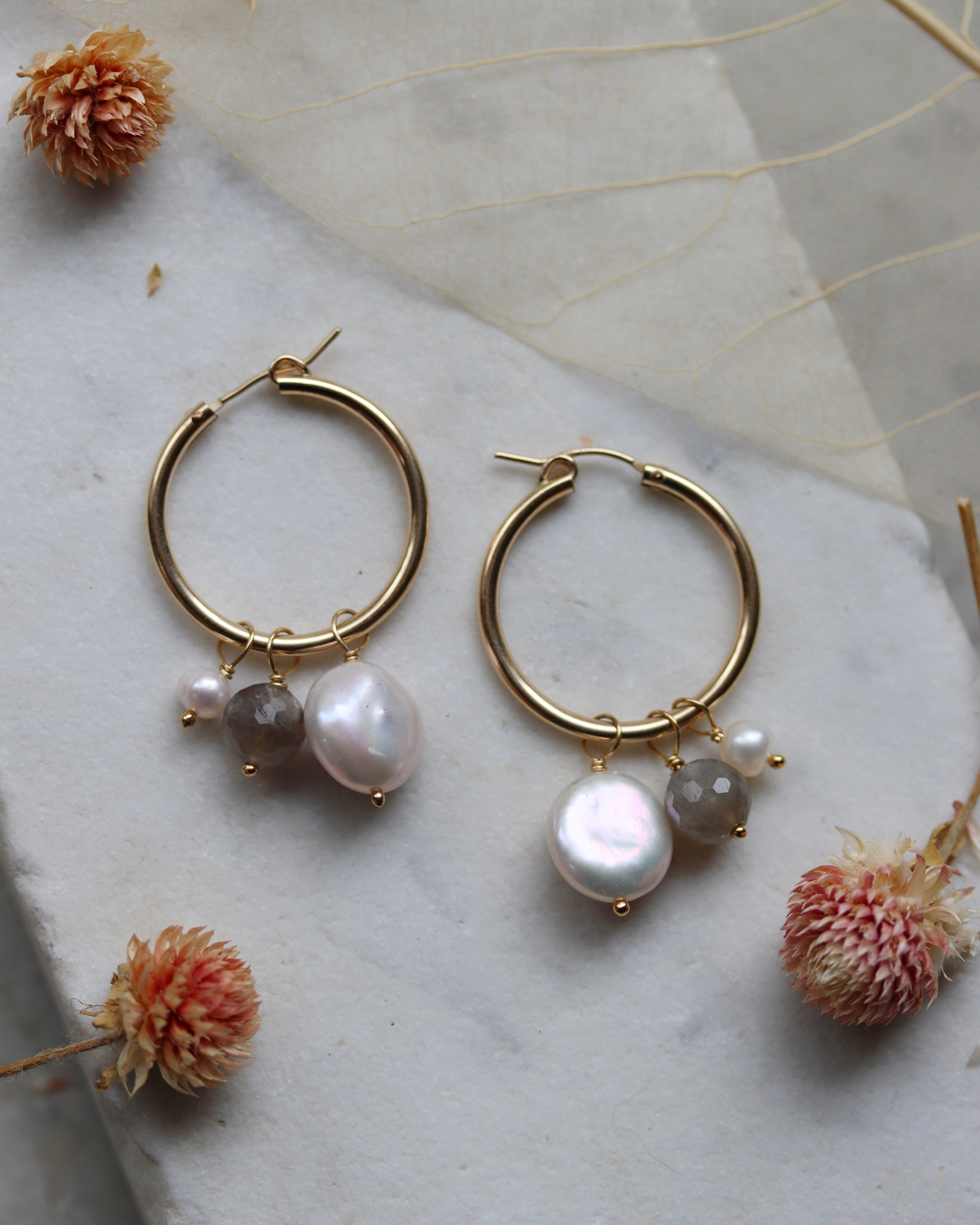 Gold Fill Hoops with Pearl and Sunstone Charms