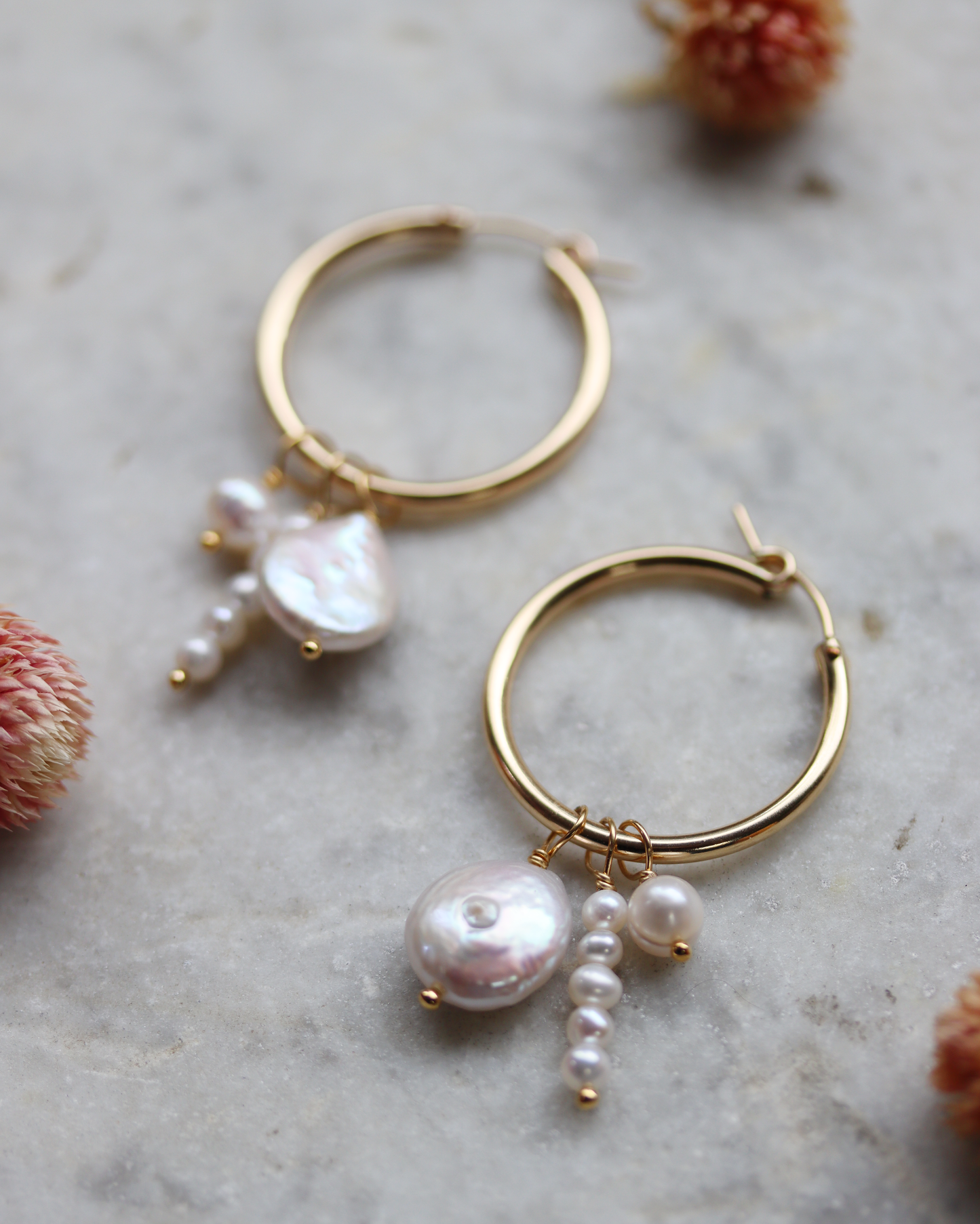 Gold Fill Hoop Earrings with Pearl Charms