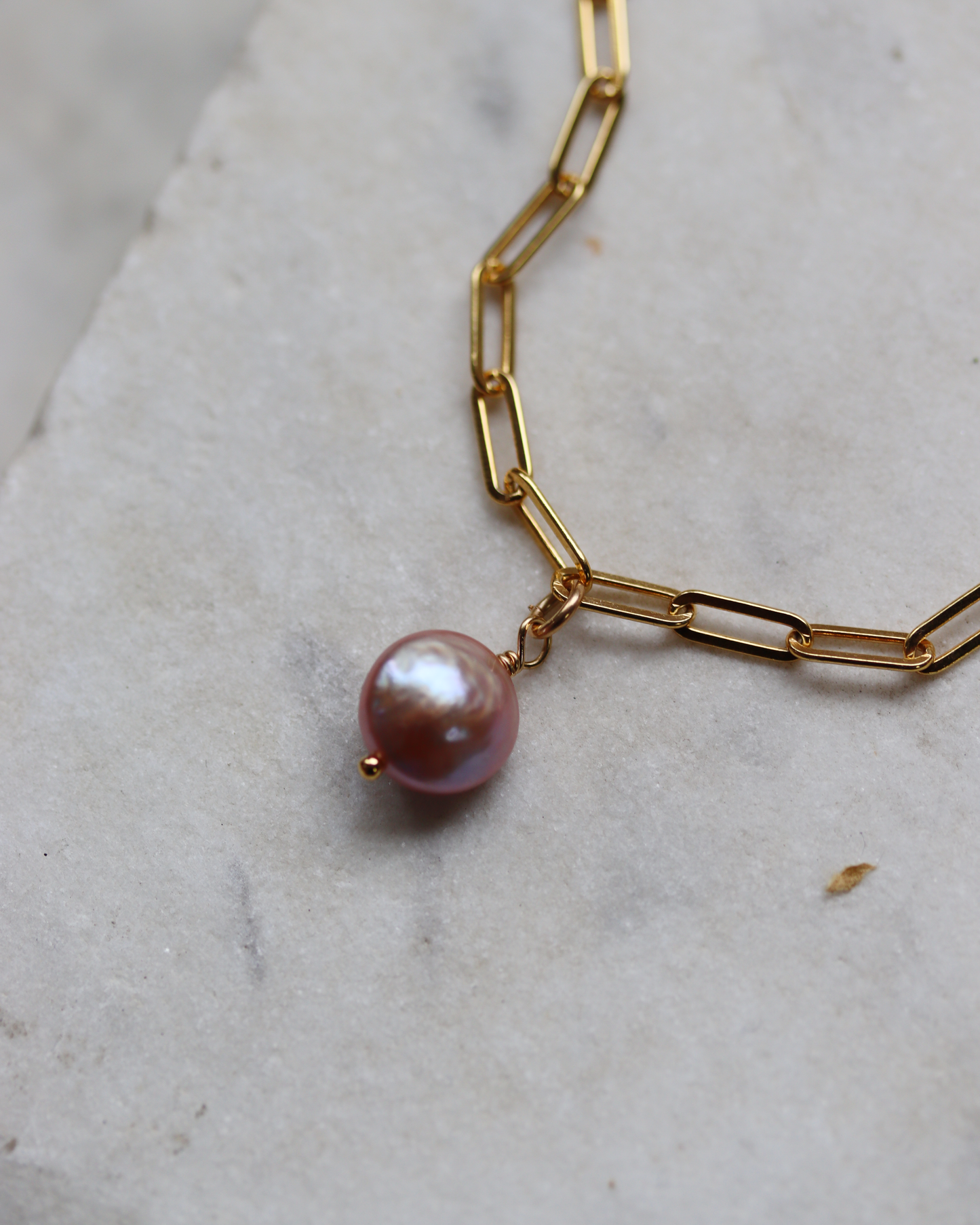 Gold Fill Paperclip Bracelet with Pink Pearl Charm