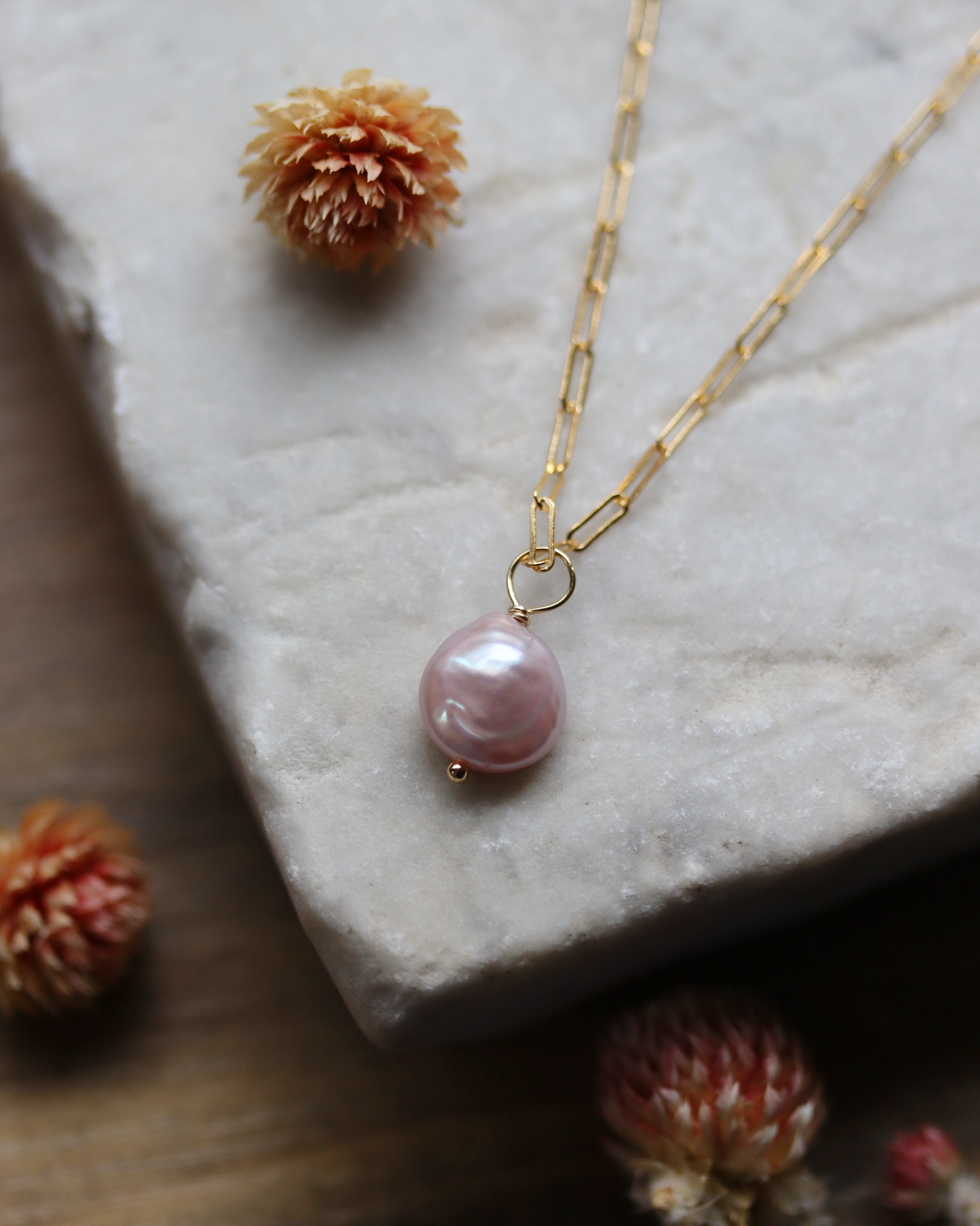 Pink Coin Pearl Pendant on Paperclip Chain