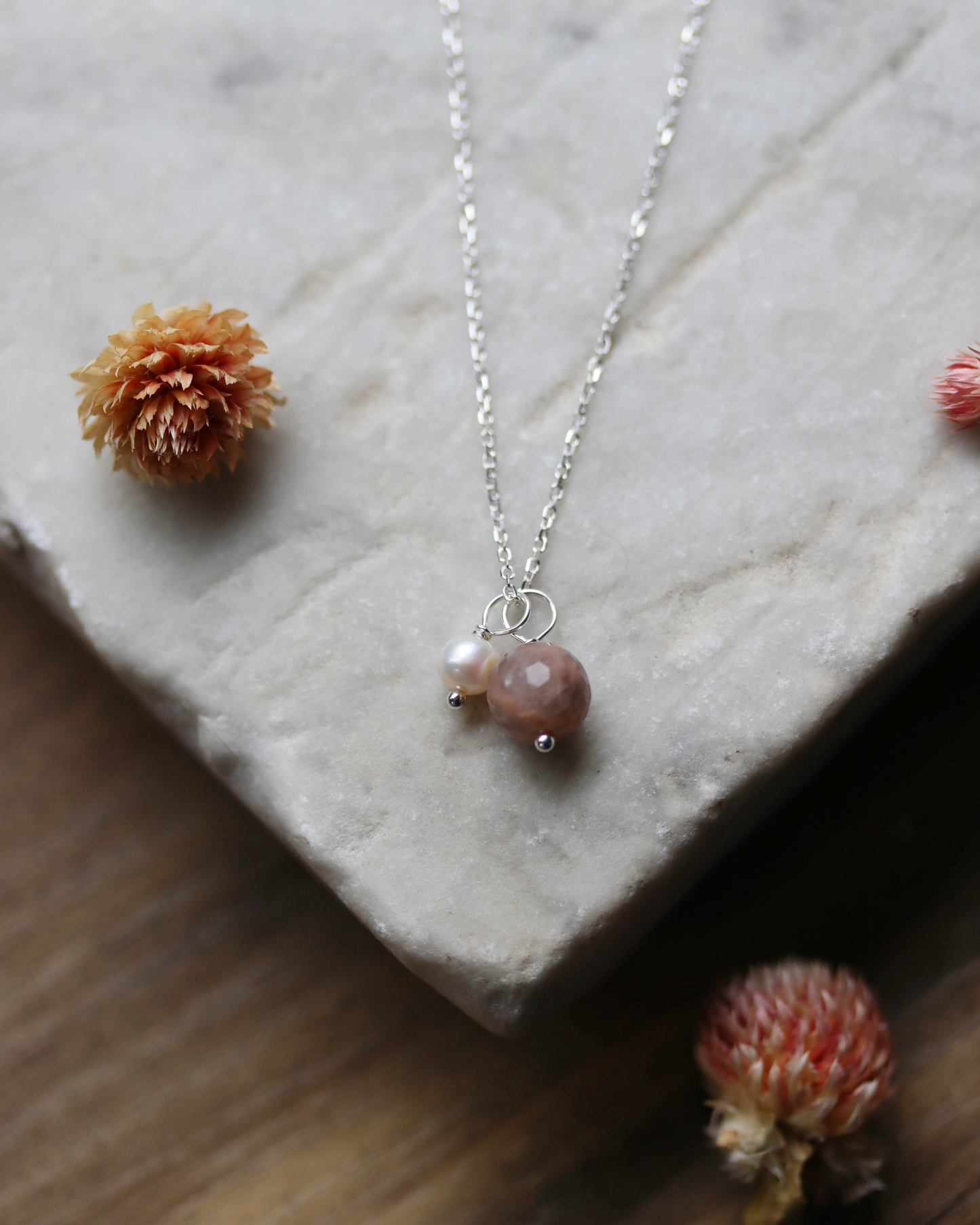 Earth and Moon Necklace - Sterling Silver, Sunstone and Pearl