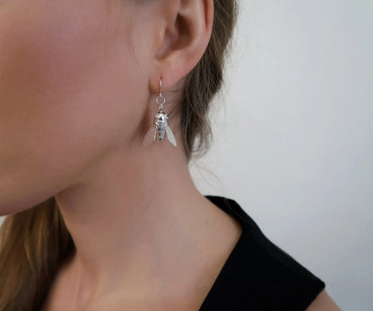 Sculptural Bee Dangle Earrings - Sterling Silver