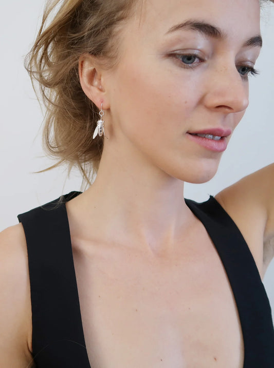 Sculptural Bee Dangle Earrings - Sterling Silver