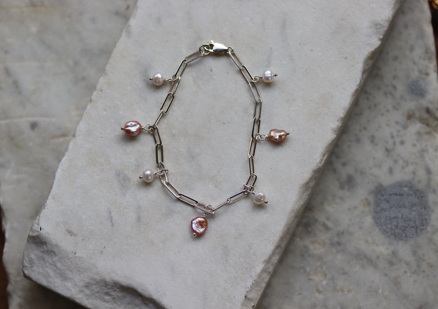 Sterling Silver Paperclip Pearl Charm Bracelet - Pink and White