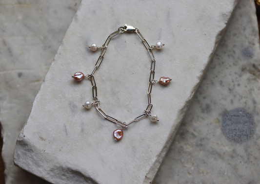 Sterling Silver Paperclip Pearl Charm Bracelet - Pink and White