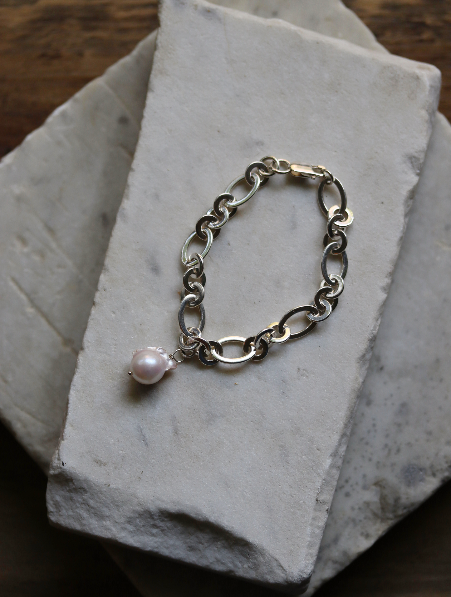 Chunky Sterling Silver Baroque Pearl Chain Bracelet