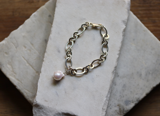 Chunky Sterling Silver Baroque Pearl Chain Bracelet
