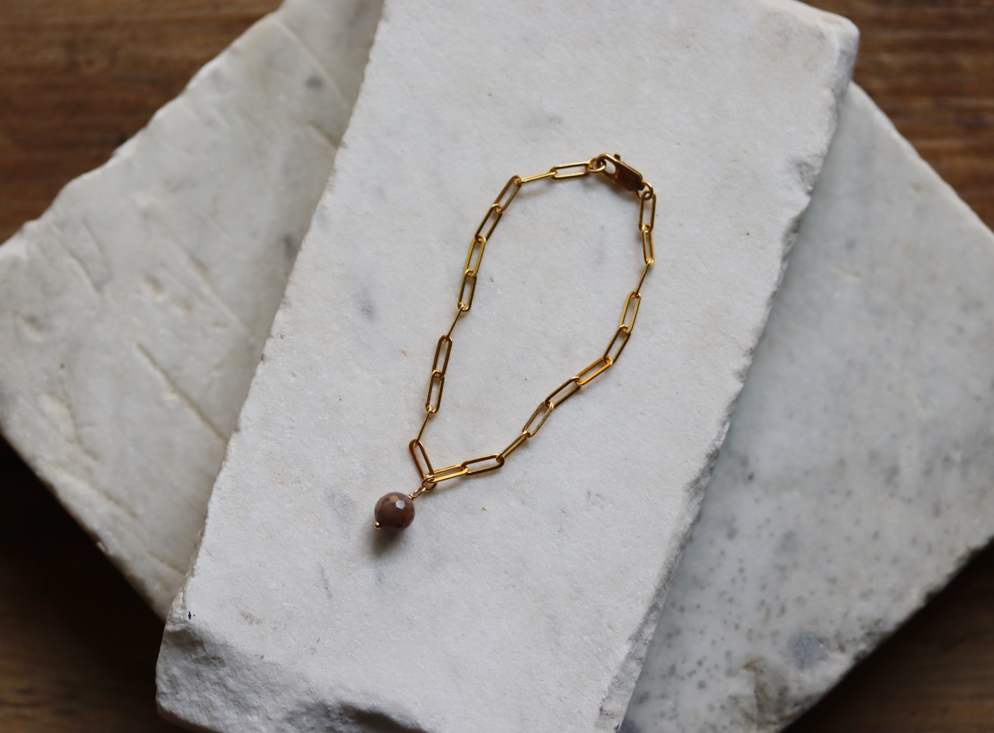 Gold Fill Paperclip Bracelet with Black Sunstone Charm
