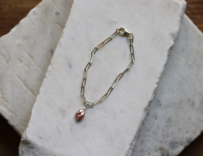 Sterling Silver Paperclip Bracelet with Pink Pearl Charm