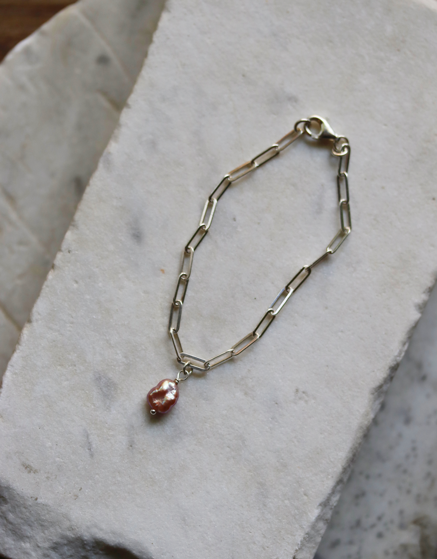 Sterling Silver Paperclip Bracelet with Pink Pearl Charm