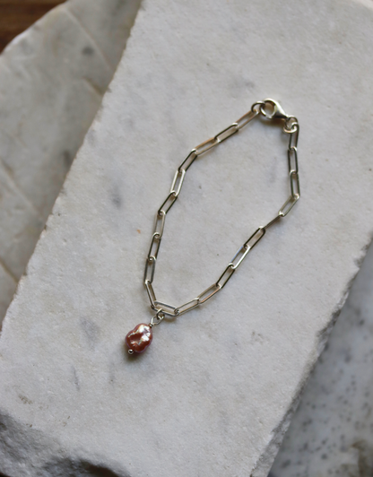 Sterling Silver Paperclip Bracelet with Pink Pearl Charm