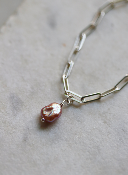 Sterling Silver Paperclip Bracelet with Pink Pearl Charm