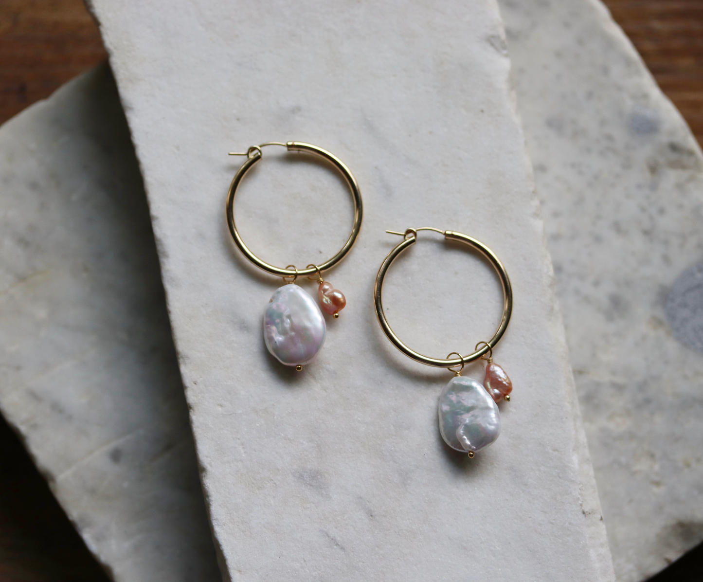 Oversized Pearl Charm Hoop Earrings - Pink and White