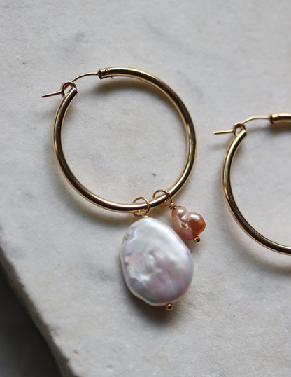 Oversized Pearl Charm Hoop Earrings - Pink and White