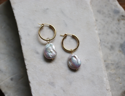 Gold Fill Pearl Charm Hoop Earrings - Ivory