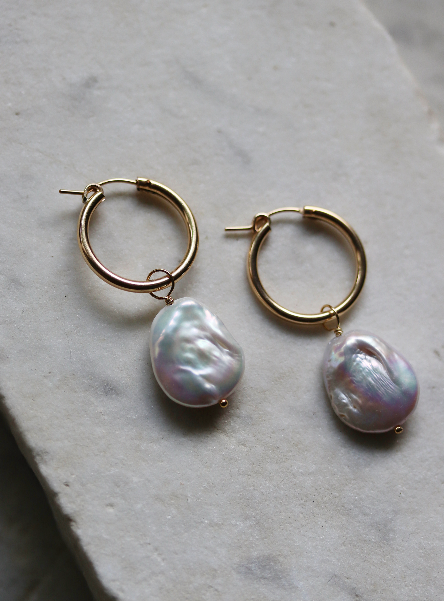 Gold Fill Pearl Charm Hoop Earrings - Ivory