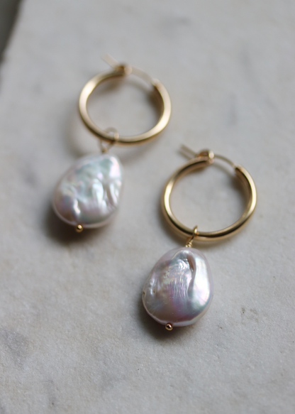 Gold Fill Pearl Charm Hoop Earrings - Ivory