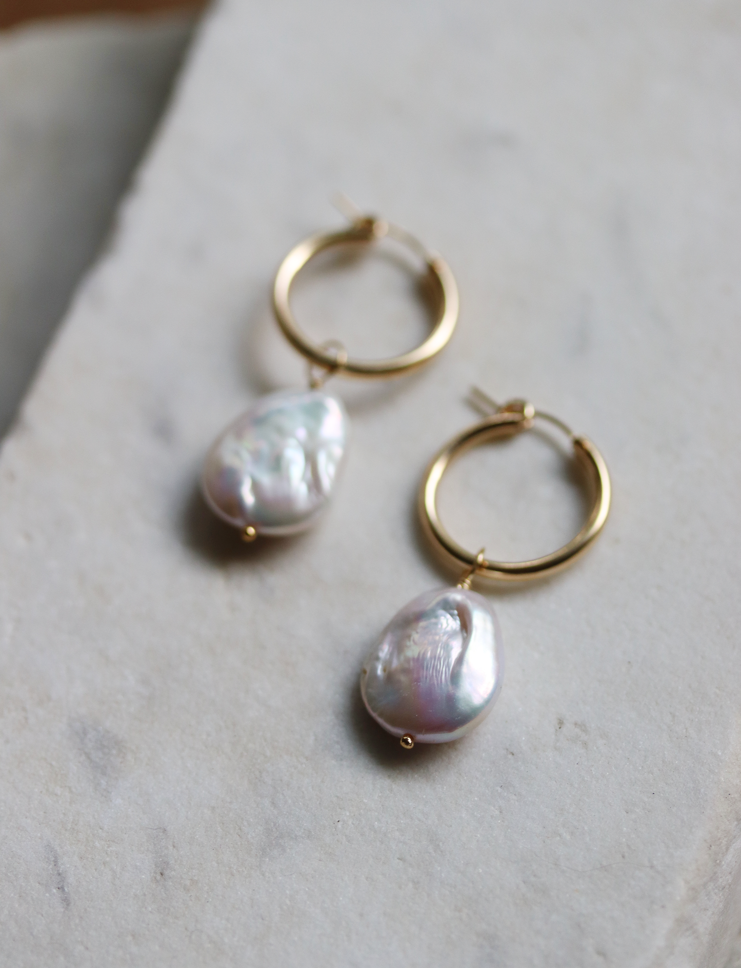 Gold Fill Pearl Charm Hoop Earrings - Ivory