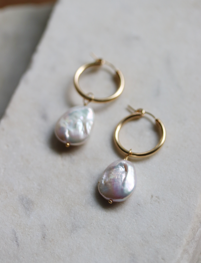 Gold Fill Pearl Charm Hoop Earrings - Ivory