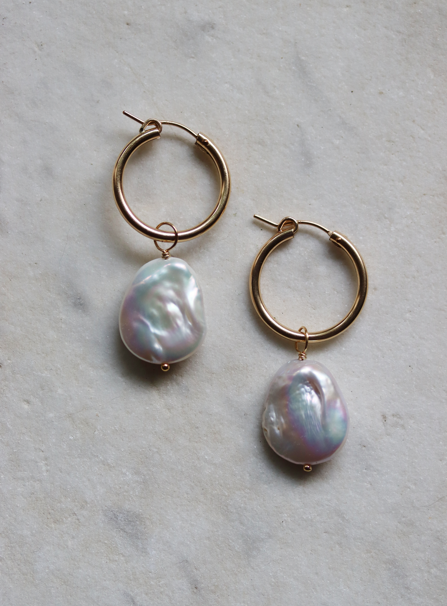 Gold Fill Pearl Charm Hoop Earrings - Ivory