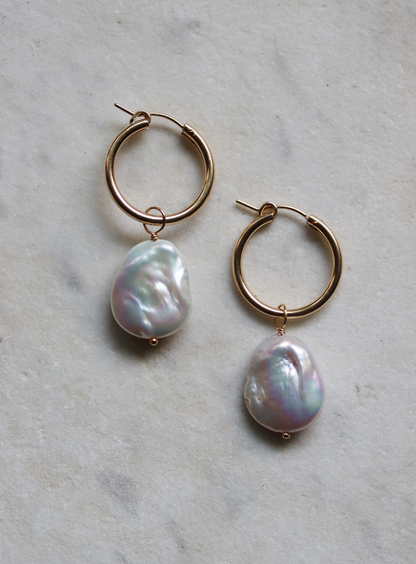 Gold Fill Pearl Charm Hoop Earrings - Ivory