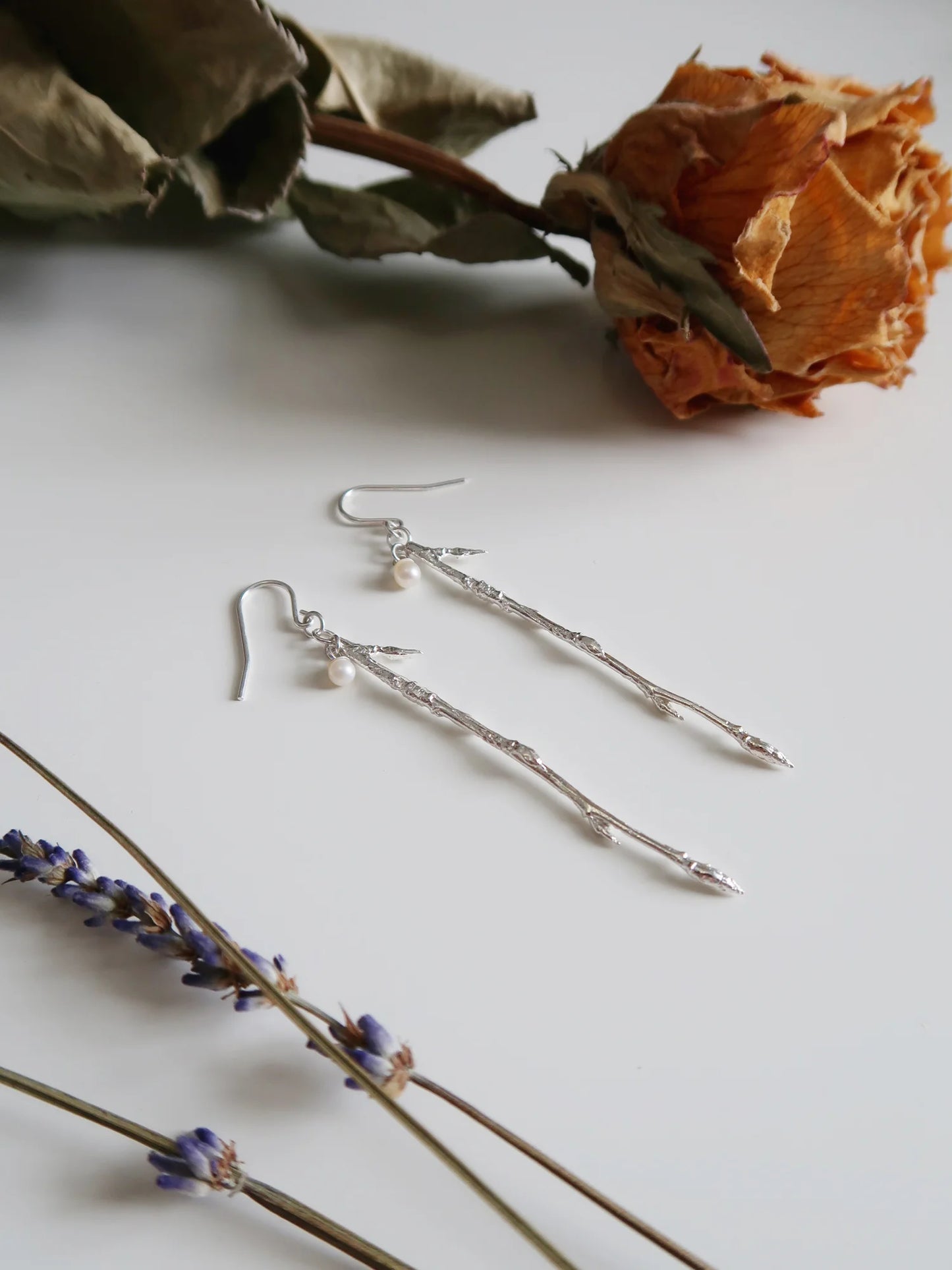 Dangling Branch Dew Drop Earrings - Sterling Silver and Pearl