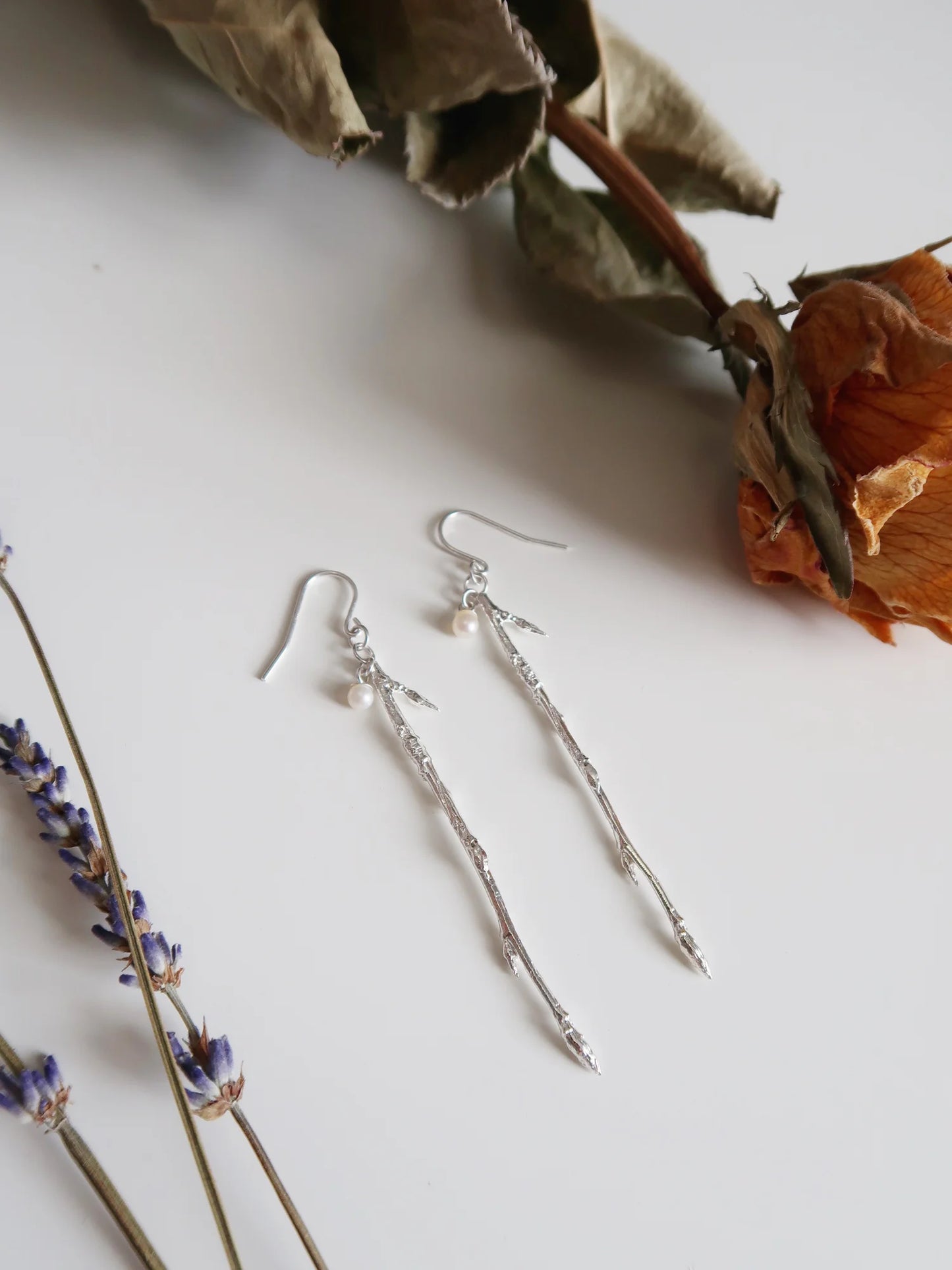 Dangling Branch Dew Drop Earrings - Sterling Silver and Pearl
