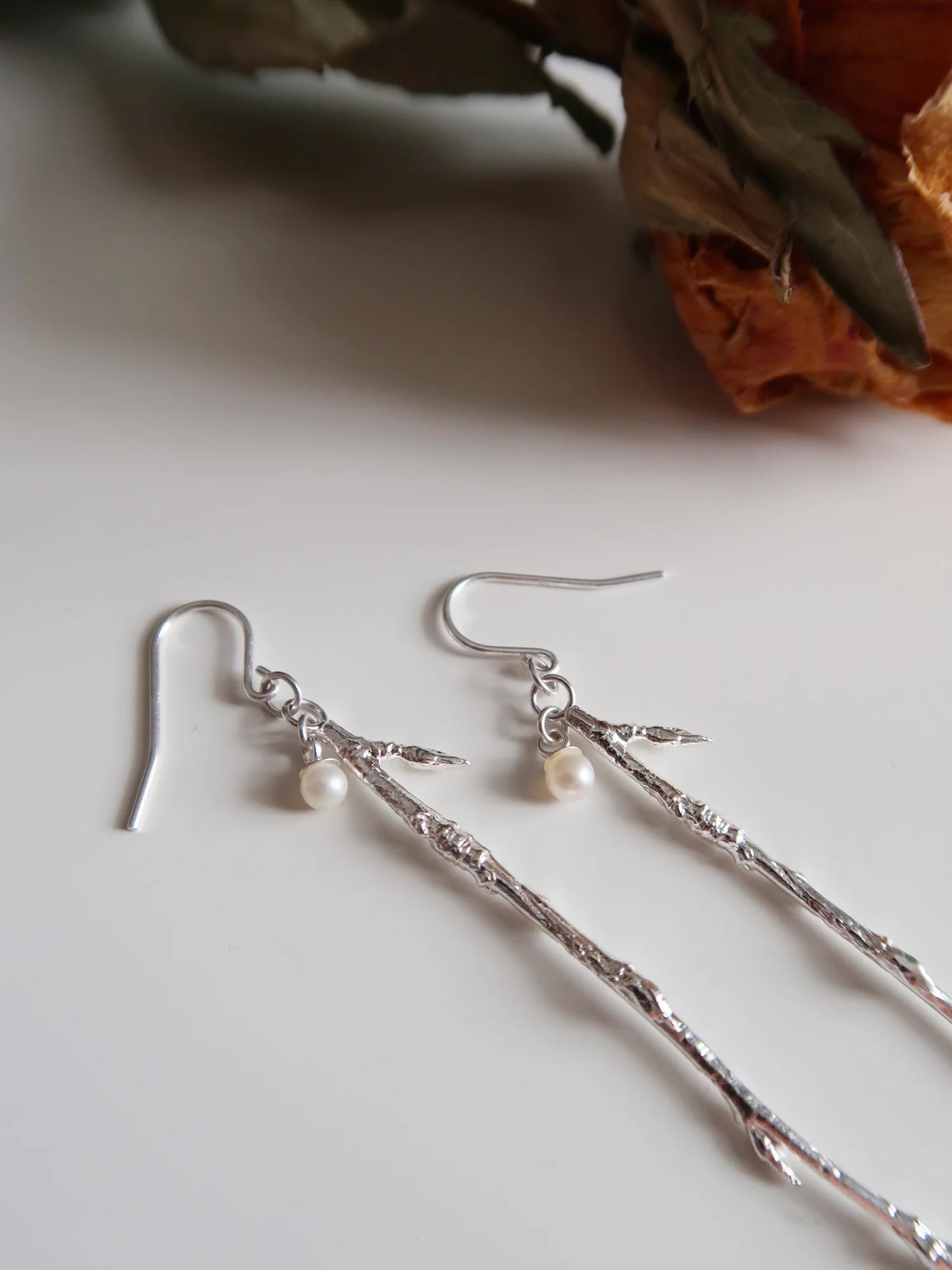 Dangling Branch Dew Drop Earrings - Sterling Silver and Pearl