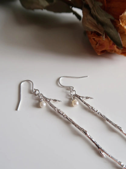 Dangling Branch Dew Drop Earrings - Sterling Silver and Pearl