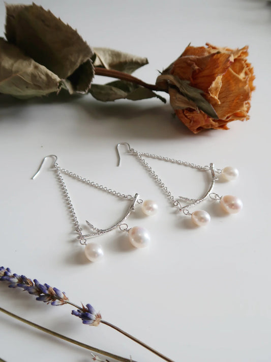 Branch Chandelier Dew Drop Earrings - Sterling Silver and Pearl