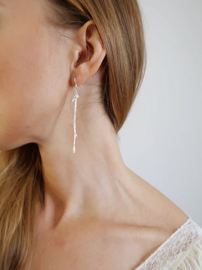 Dangling Branch Dew Drop Earrings - Sterling Silver and Pearl