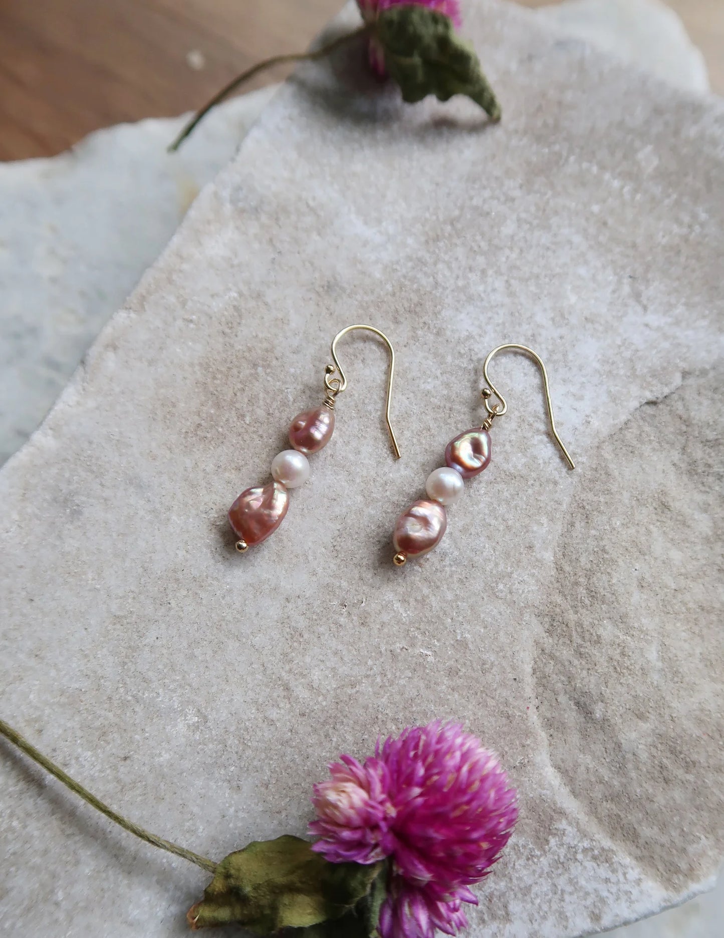 Triple Pearl Dangle Earrings - Pink and White