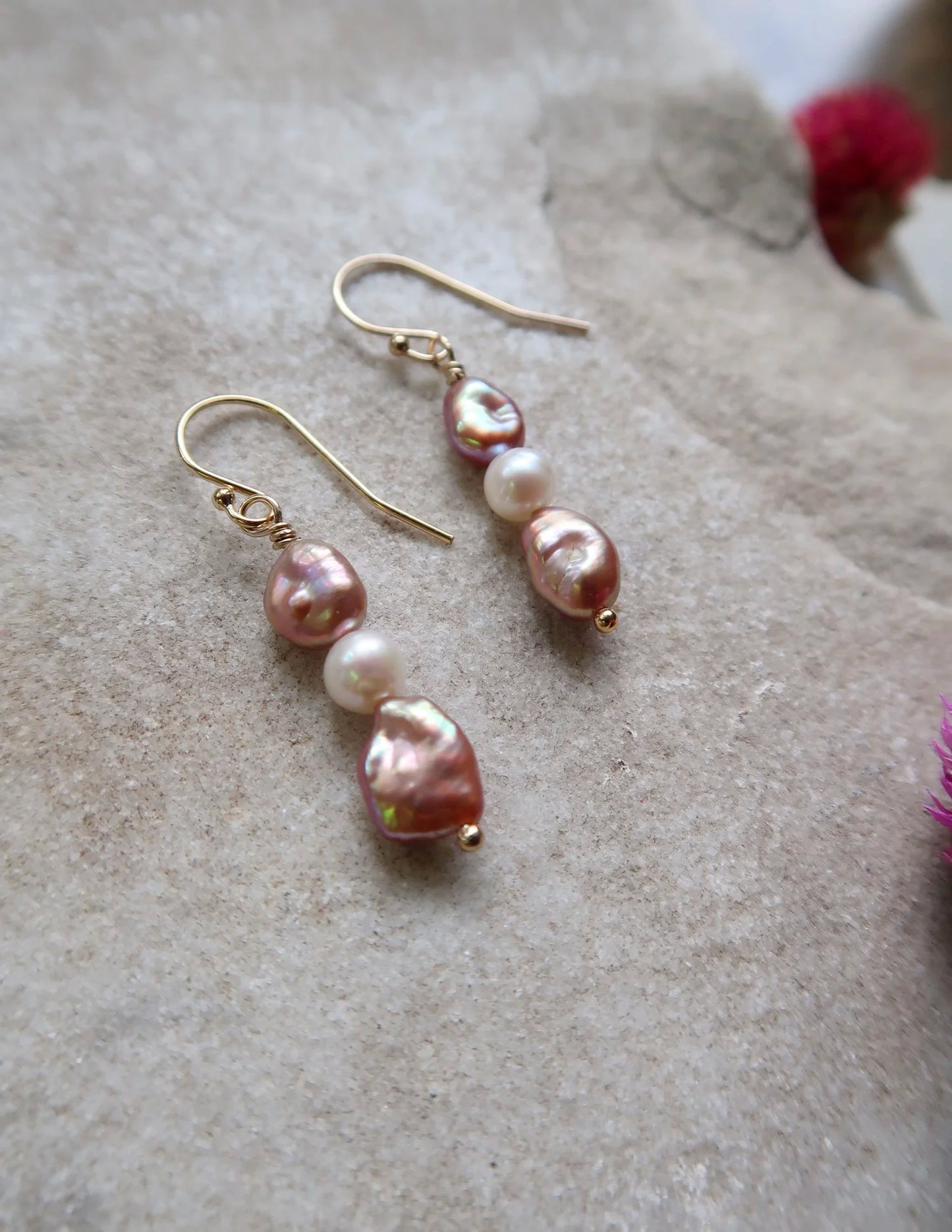 Triple Pearl Dangle Earrings - Pink and White