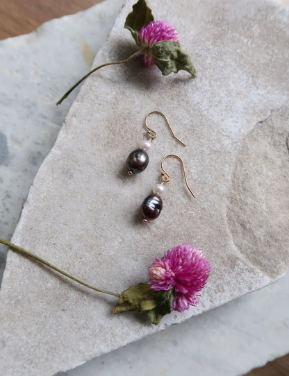 Gold Fill Plum and White Pearl Dangle Earrings