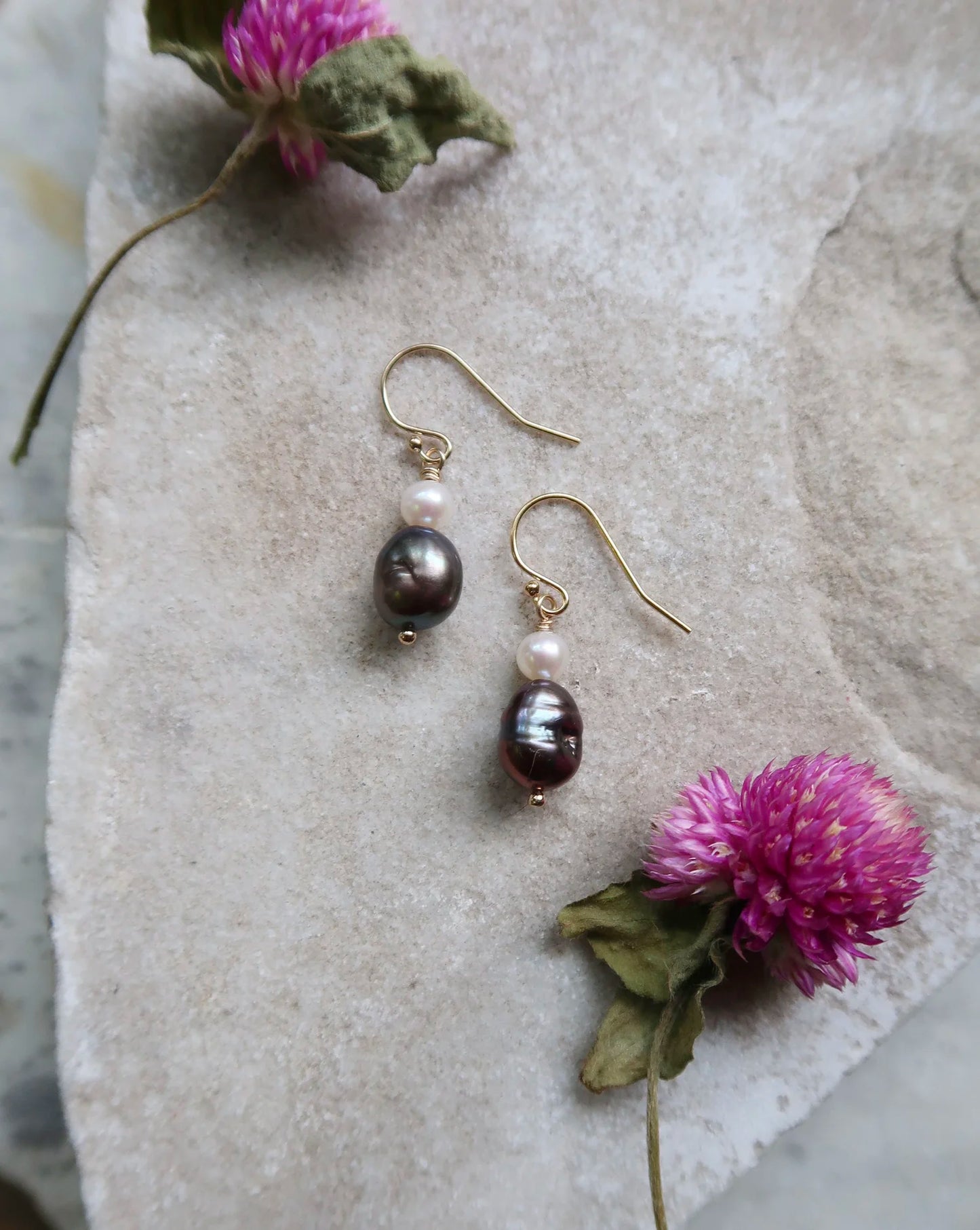 Gold Fill Plum and White Pearl Dangle Earrings