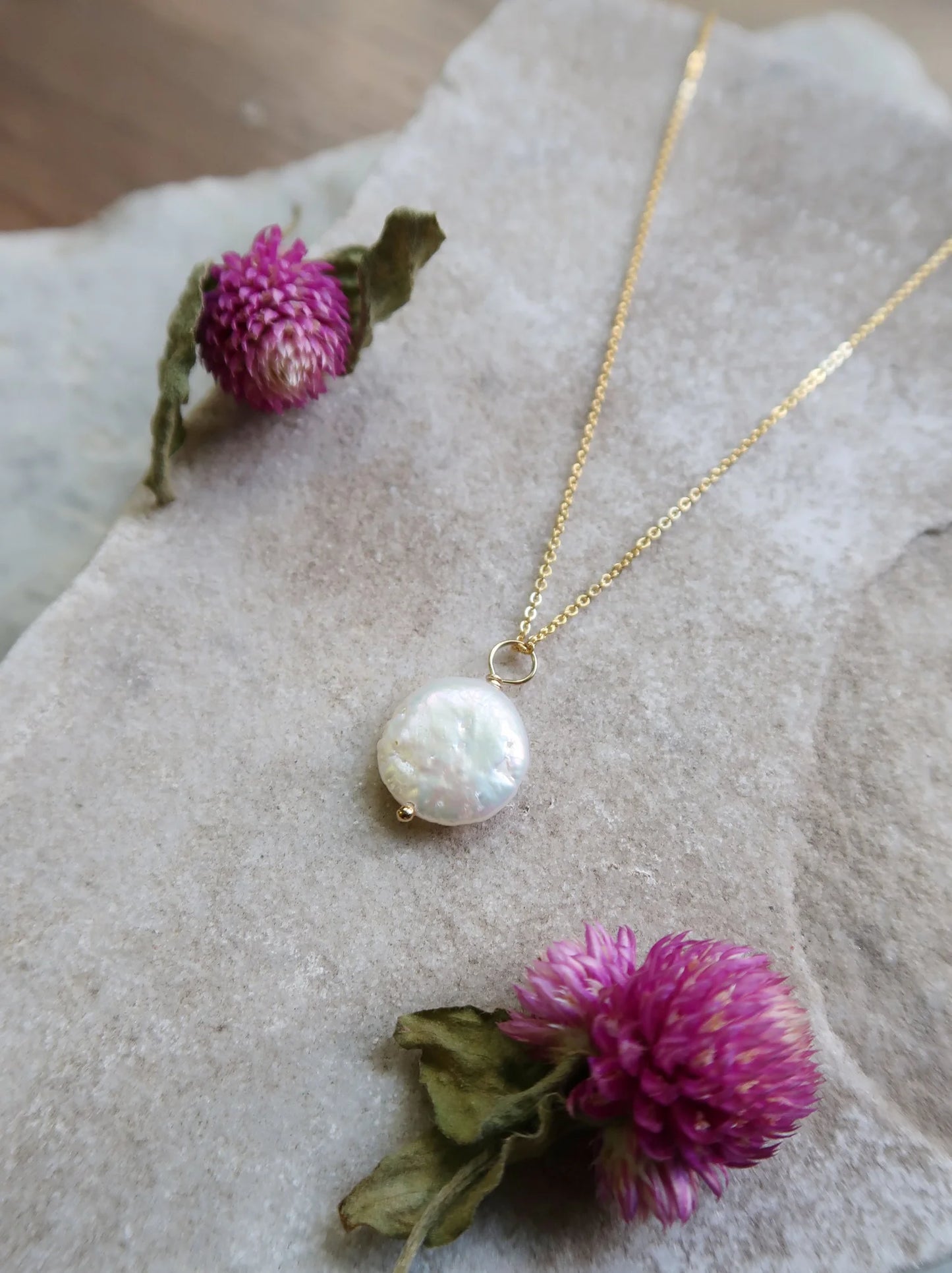 White Coin Pearl Necklace - Gold Fill