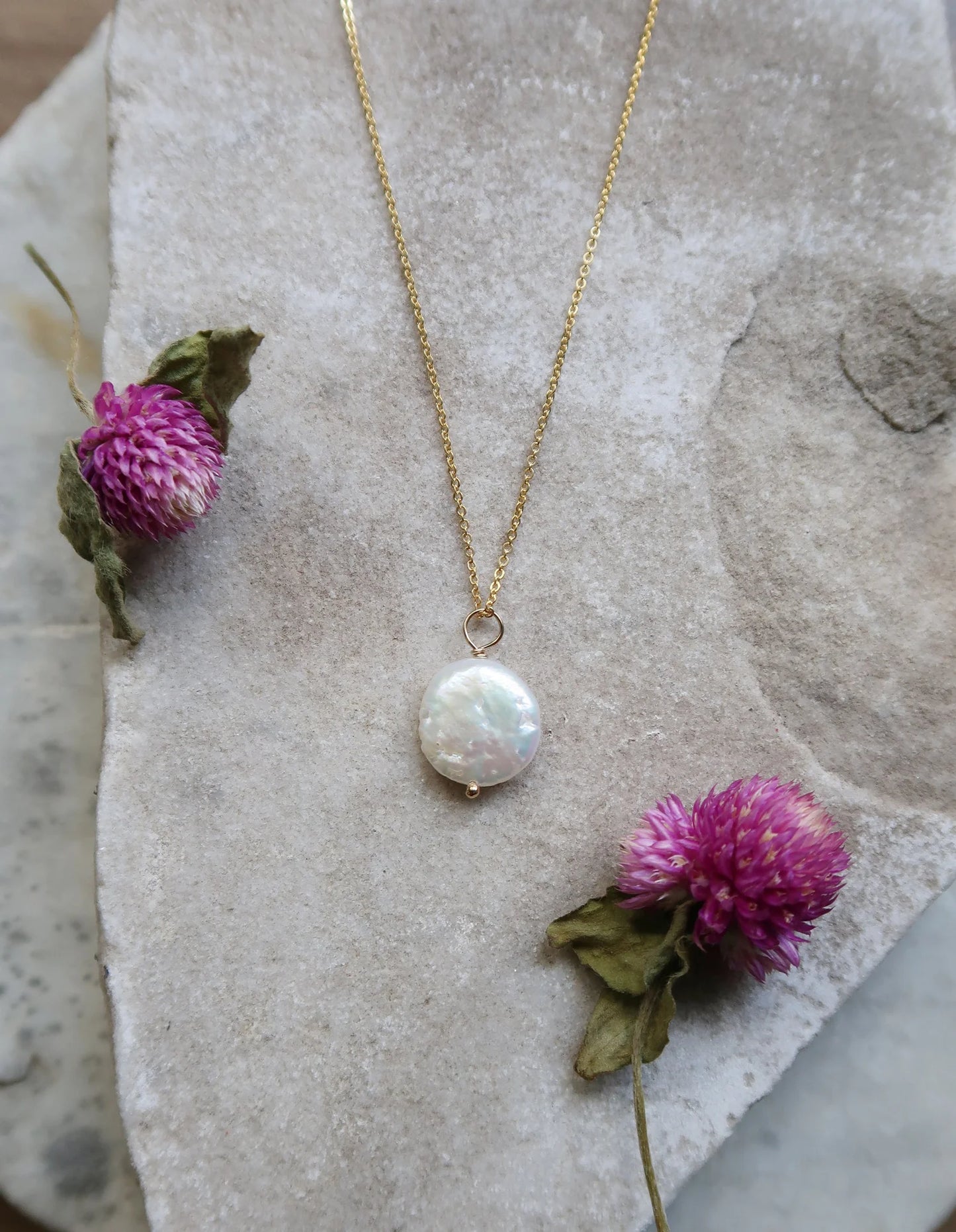 White Coin Pearl Necklace - Gold Fill