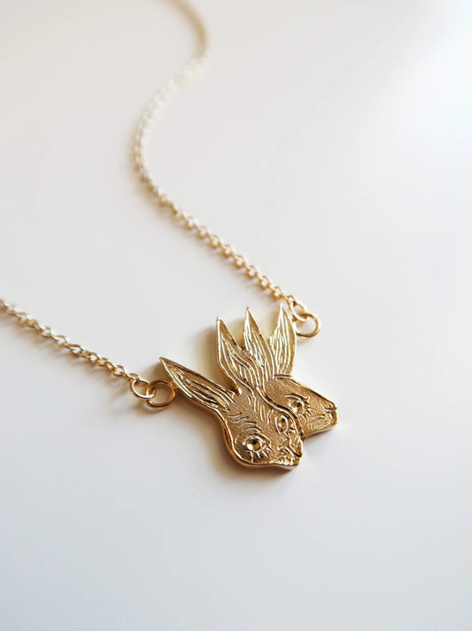 Two-Headed Rabbit Necklace - Gold Plated Sterling Silver