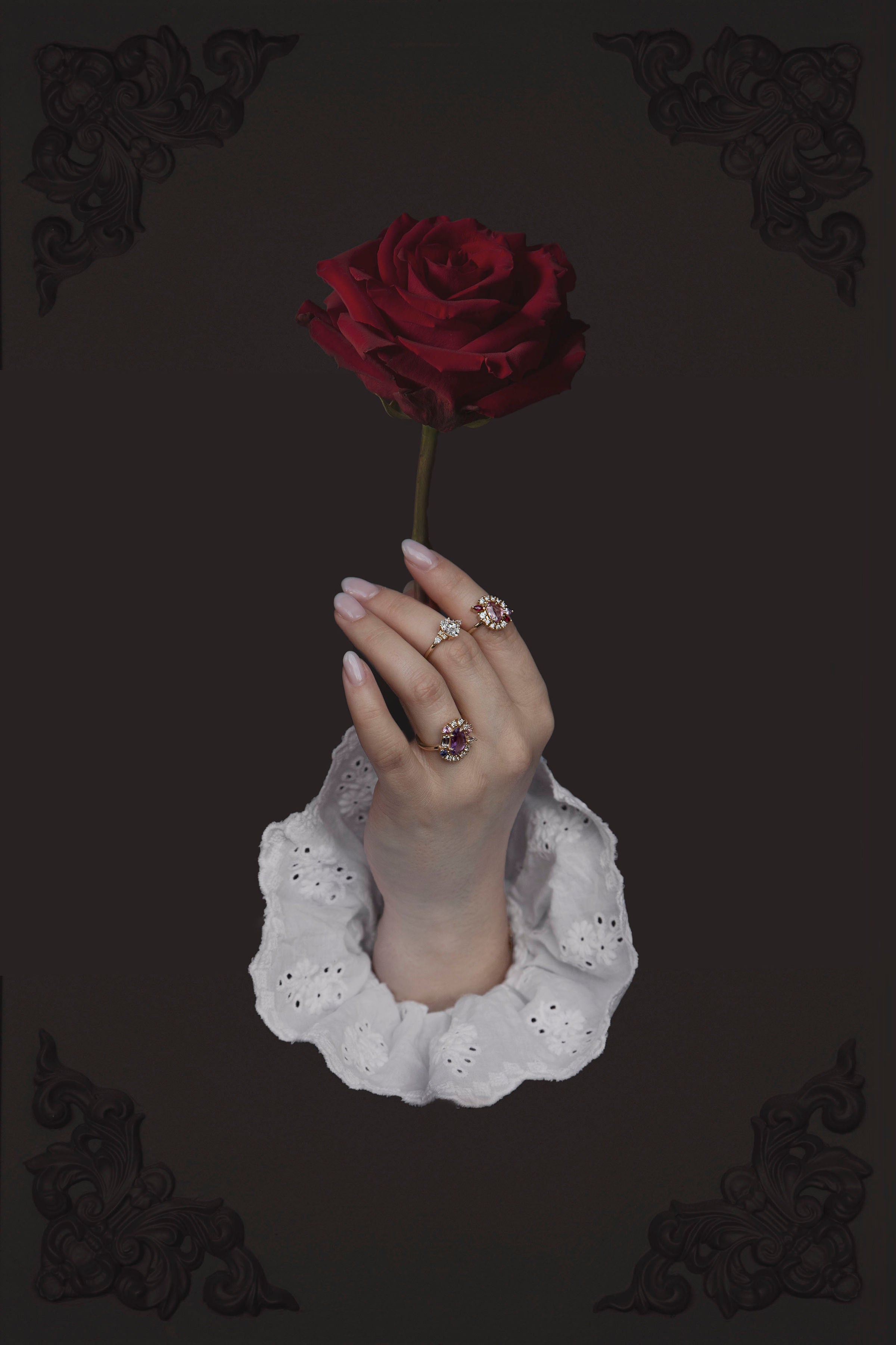 Collage art of a hand wearing three bespoke diamond and gemstone engagement rings on gold bands. Each piece was designed and handcrafted by Invidiosa Jewellery in their Toronto studio. 