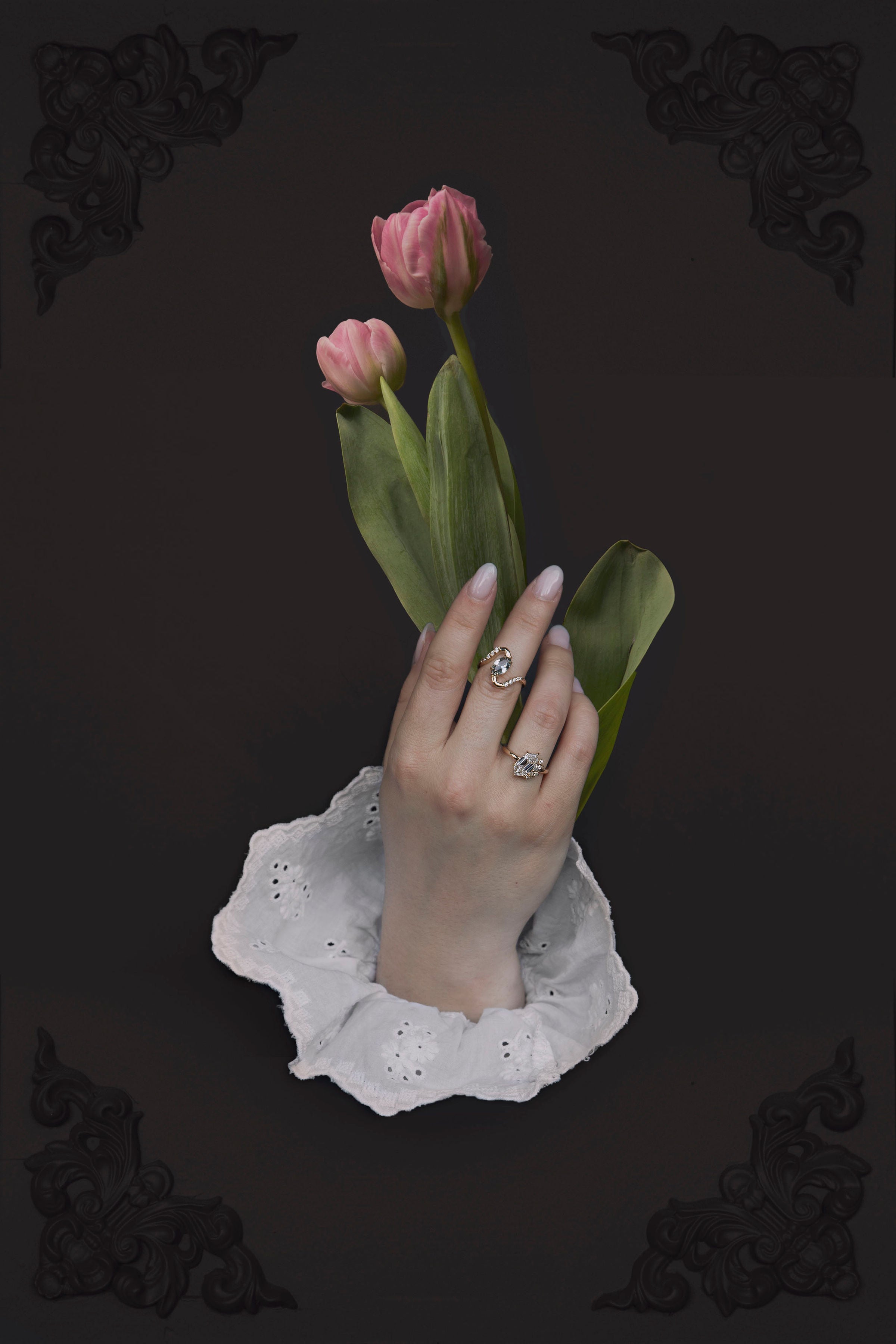 Collage art of a hand wearing three bespoke diamond and gemstone engagement rings on gold bands. Each piece was designed and handcrafted by Invidiosa Jewellery in their Toronto studio. 