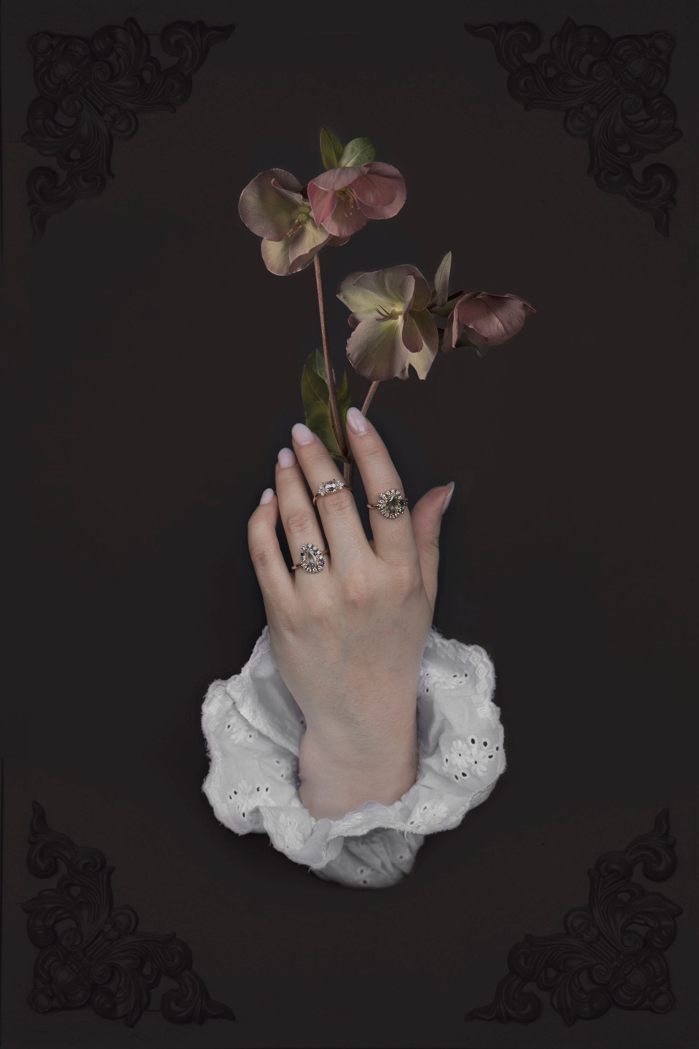 Collage art of a hand wearing three bespoke diamond and gemstone engagement rings on gold bands. Each piece was designed and handcrafted by Invidiosa Jewellery in their Toronto studio. 