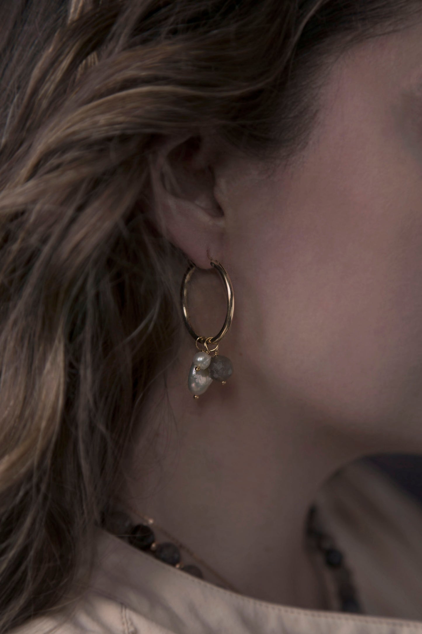 Gold Fill Hoops with Pearl and Sunstone Charms