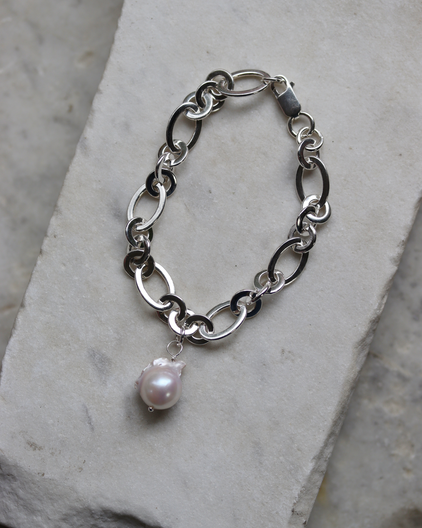 Chunky Sterling Silver Baroque Pearl Chain Bracelet