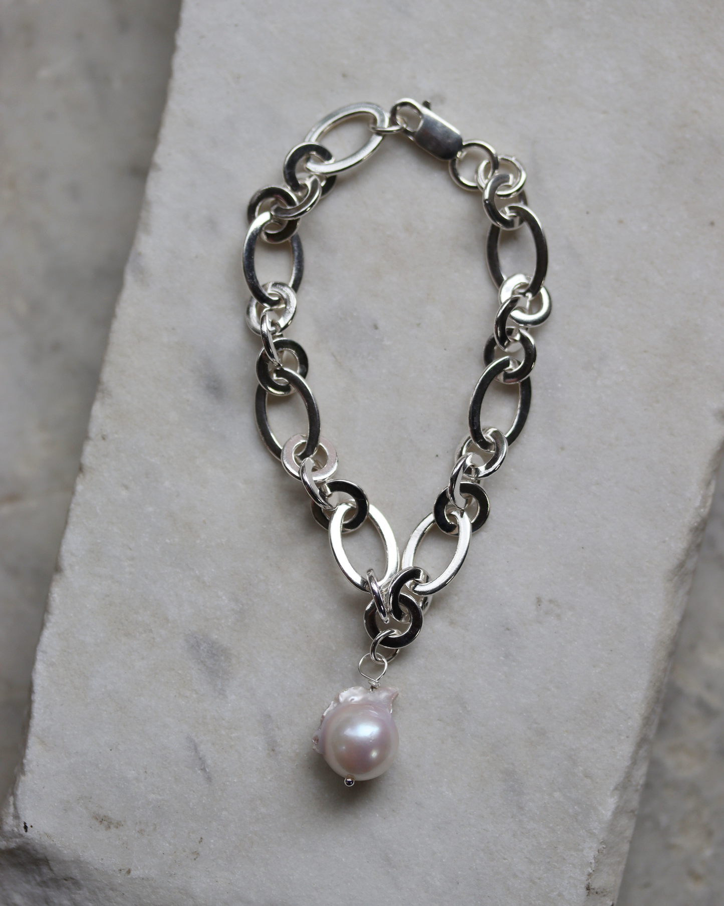 Chunky Sterling Silver Baroque Pearl Chain Bracelet