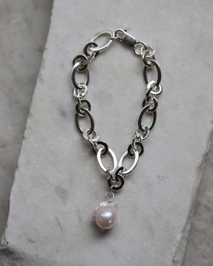 Chunky Sterling Silver Baroque Pearl Chain Bracelet