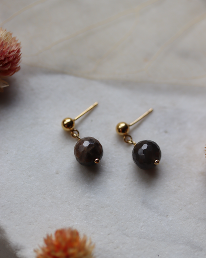 Gold Fill Black Sunstone Ball Stud Drop Earrings