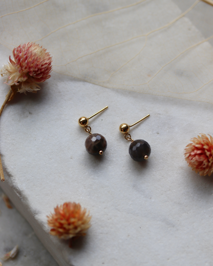Gold Fill Black Sunstone Ball Stud Drop Earrings