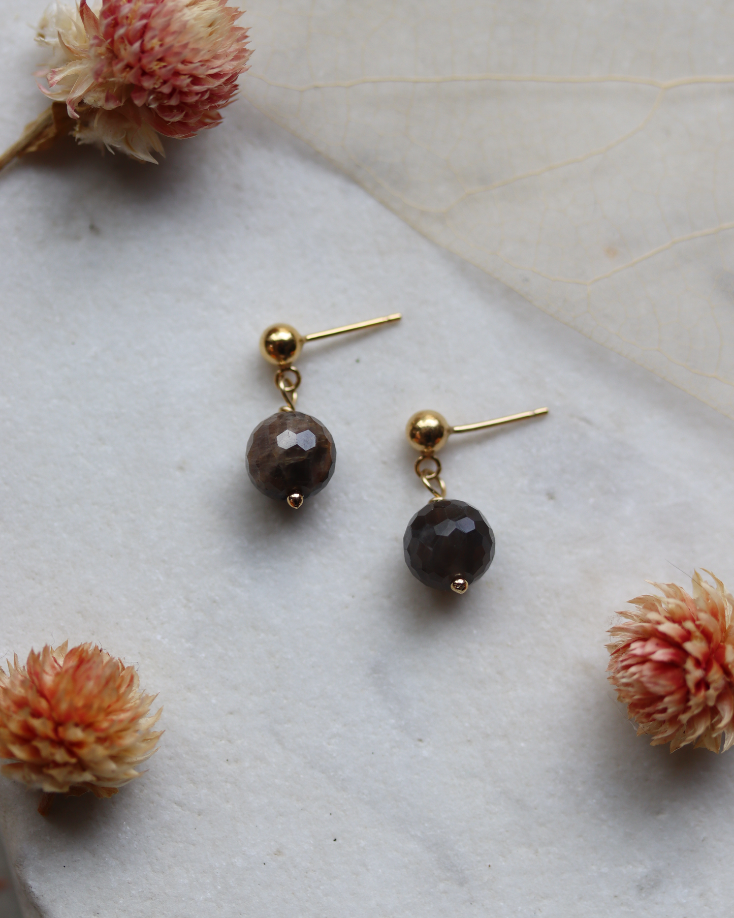Gold Fill Black Sunstone Ball Stud Drop Earrings