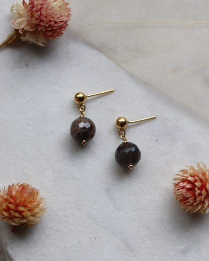 Gold Fill Black Sunstone Ball Stud Drop Earrings