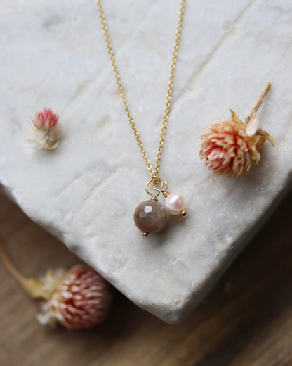 Earth and Moon Necklace - Gold Fill, Black Sunstone and Pearl